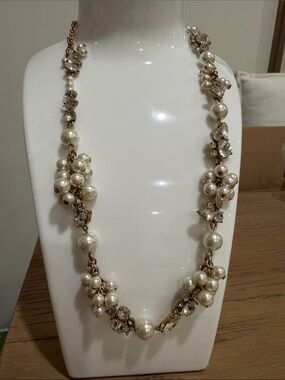 J. Crew Elegant Ivory Pearl Cluster Necklace with Gold-Tone Accents and Crystals